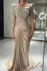 Glamorous Champagne Mermaid Square Beaded Long Sleeve Ruffle Satin Evening Dresses With Pearls And Handmake Flowers